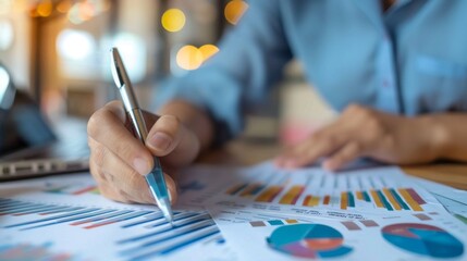 Poster - A financial auditor conducting a performance review with profit loss graphs, budget variance analysis, and expense breakdowns.