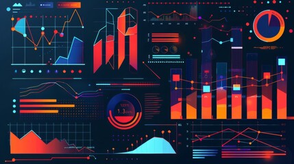 Fototapete - A financial report infographic depicting stock market performance with line graphs, bar charts, and economic indicators.