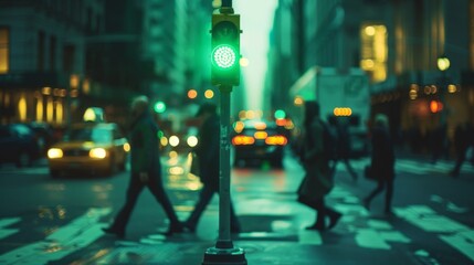 Aufkleber - A green traffic light illuminating a busy city street as pedestrians cross the crosswalk.