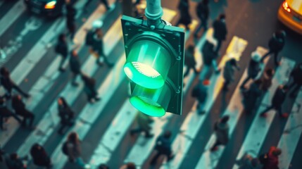 Aufkleber - A green traffic light illuminating a busy city street as pedestrians cross the crosswalk.