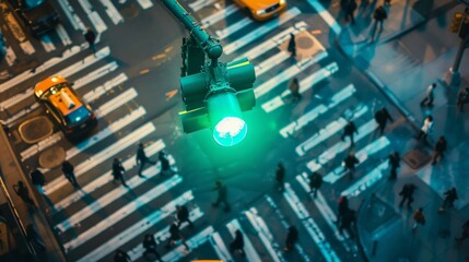 Aufkleber - A green traffic light illuminating a busy city street as pedestrians cross the crosswalk.