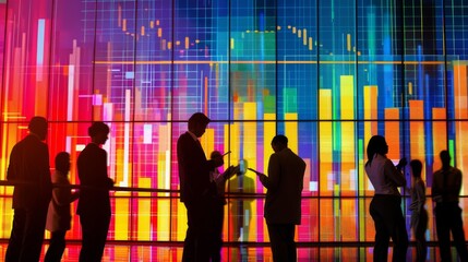 Poster - A group of economists analyzing economic indicators and GDP growth projections on a digital screen with bar graphs