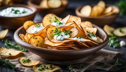 Wall Mural - Homemade Potato Chips with Yogurt and Herbs Flavour.
