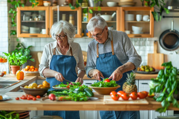Wall Mural - an elderly couple preparing salad in their bright, modern kitchen with white walls and wooden floors