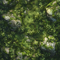 Wall Mural - Aerial view of a dense forest with mosscovered trees and rocks