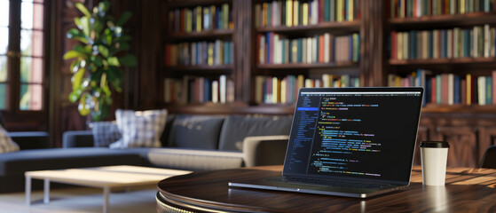 Wall Mural - a laptop displaying code on a table in a cozy study room filled with books and bathed in warm, natur
