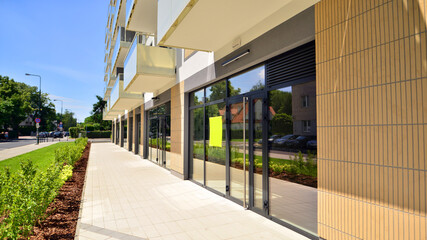 Wall Mural - Panoramic windows of new commercial premises. Commercial property in development standard for rent.