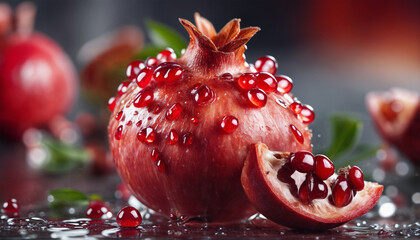 Wall Mural - Wet pomegranate. Red pomegranate. Ripe pomegranate in drops of water in the rain