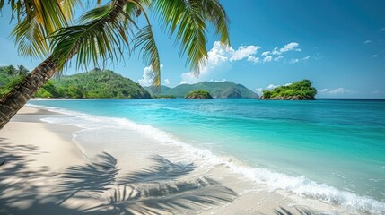 Idyllic and serene tropical beach scene with turquoise blue waters white sand and palm trees swaying gently in the breeze