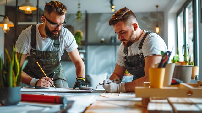 Two male architects in casual outfits working on blueprints at a desk full of tools and plants in a modern, well-lit studio. Bright colors, teamwork, and creativity in a contemporary workspace. AI