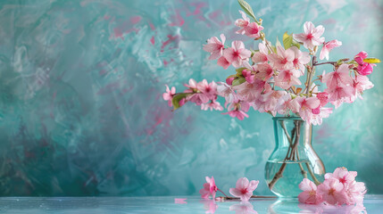 A beautiful vase of pink flowers on the table, a bouquet of cherry blossoms in full bloom with delicate petals and red buds, placed against an abstract blue background, creating a serene atmosphere fo