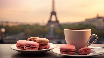 Macarons with a cup of coffee against the background of the Eiffel Tower. selective focus. Generative AI,