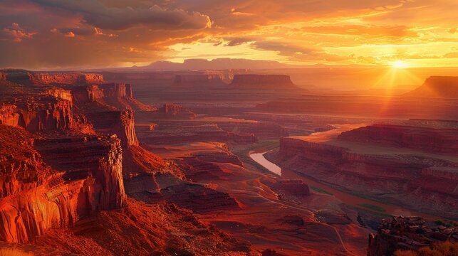 Dramatic and vibrant sunset scene over a rugged layered canyon landscape with towering rock formations and a winding river cutting through the desert terrain  Breathtaking natural scenery and concept