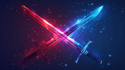 Wall Mural - two glowing swords crossed against each other in a cosmic dark background