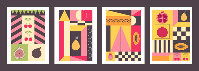 Summer geometric layout templates. Abstract retro fruit cards, posters, covers, flyers, banners. Modern juicy background, backdrop.