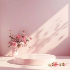 Wall Mural - Pink round podium with roses in vase decor