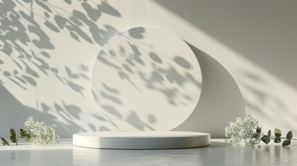 Wall Mural - White round podium with flowers shadow