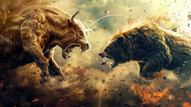Stock market volatility depicted by a bull and bear in battle, attack rise chart emphasizing financial technology trends