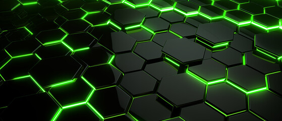 Poster - Black Hexagonal Tiles with Neon Green Edges Abstract Background