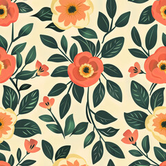 Wall Mural - Flat design flower floral pattern, cream, green and orange colors