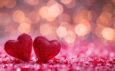 Two red hearts on pink background with bokeh lights, valentine's day concept, love wallpaper