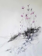 Aufkleber - minimalistic illustration with a blooming pink daisy with flowers on stones on beige with free space for text insertion