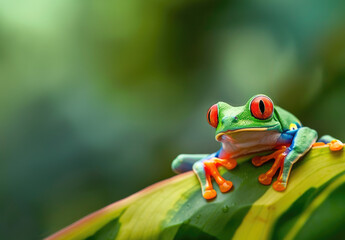 A vibrant red-eyed tree frog perched on the mossy leaves of a rainforest, its colorful hues standing out against the lush greenery, focusing on its face.