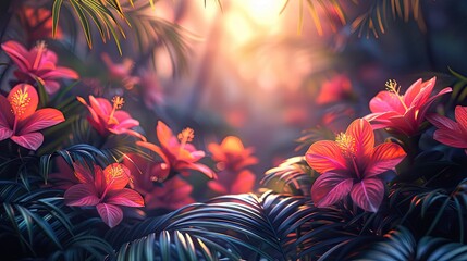 Wall Mural - Tropical flowers in full bloom with soft sunlight creating a calming and enchanting atmosphere in a lush garden setting