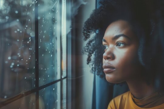 anxious black woman looking out window dealing with job loss and uncertainty social issues concept