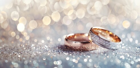 Two silver and rose gold wedding rings on a white glitter background with space for copy