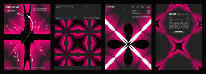 Abstract poster design set. Vertical format wall art, interior mockup. Magenta, white, black composition. Geometric neon illustration with space and y2k style elements.