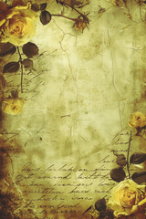 Wall Mural - Vintage love letter texture with beautiful handwritten script. Framed by delicate flowers, leaves, and branches. Grunge paper texture with grain and aged look Perfect for historical and romantic theme