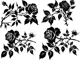 Wall Mural - Black silhouette of rose and leaves