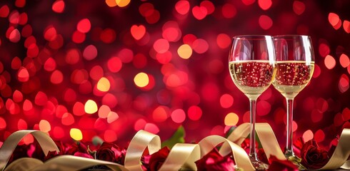 valentine's day background with red heartshaped bokeh and two glasses of white wine, with ribbon in 