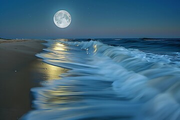 Wall Mural - A moonlit beach with waves rolling in, their motion smoothed by the slow shutter