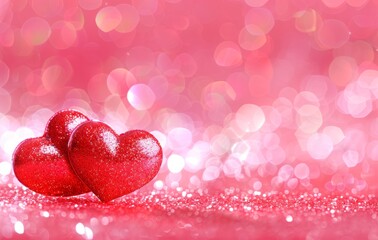 Valentine's Day background with two red hearts on a pink glitter background, copy space concept for a love message or romantic message