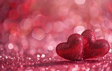 Valentine's day background with two red hearts on a pink glittery blurred background, concept for a romantic message card design