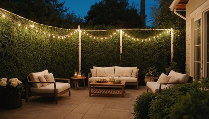 Poster - A contemporary outdoor lounge with modular seating, fire pit, and string lights