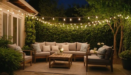 Wall Mural - A relaxing outdoor patio with comfortable seating, string lights, and a fire pit area,