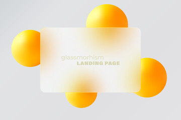 Wall Mural - Glass morphism landing page with rectangular frame. Vector illustration with blurry floating yellow spheres.