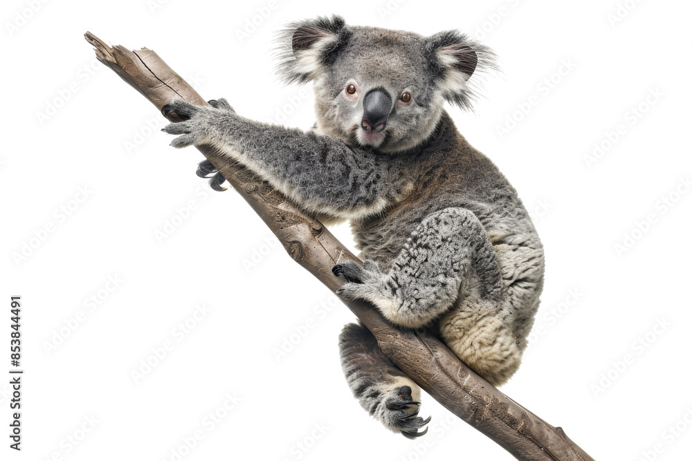 Cute koala bear clinging to a tree branch, isolated on transparent ...