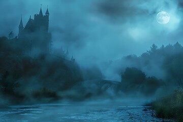 Wall Mural - A mysterious castle shrouded in fog on a full moon night