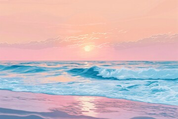 Wall Mural - Illustration showcasing the beauty of a peaceful sunrise, casting soft hues over gentle waves and a tranquil beach landscape