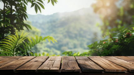 Empty wooden table in the forest and mountains for product presentation