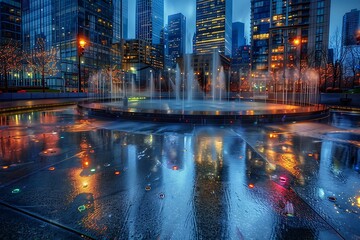A water fountain reflecting the lights of a nighttime cityscape