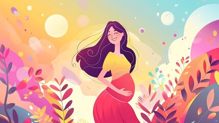 Wall Mural - Smiling Pregnant Woman in a Flowery Garden