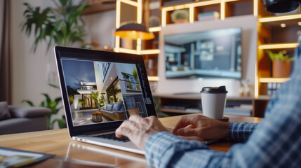 A real estate agent conducting a virtual home tour on a laptop, high-quality images and floor plans displayed on screen, modern home office setting with neat and professional decor.