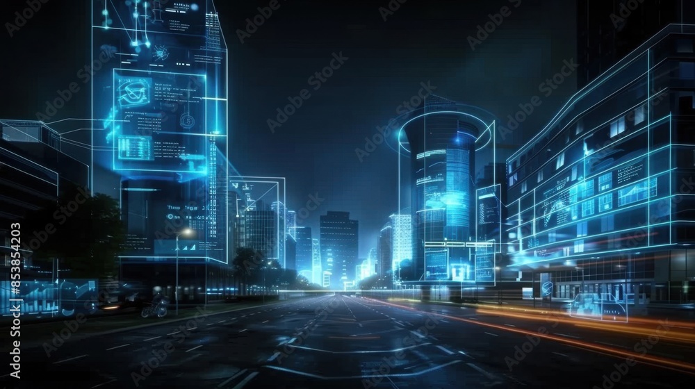 A smart city with holographic displays showing data analytics in a high ...