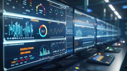 A smart city energy analytics dashboard showing real-time data on energy consumption and production, photorealistic, in a high-tech control room, emphasizing smart energy management. 