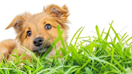 Cute puppy peeking over green grass with curious eyes. Playful dog enjoying outdoors on a bright and sunny day. Adorable pet photography.